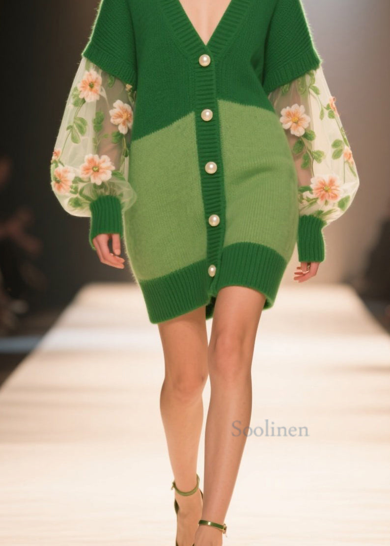 Italian Green V Neck Tulle Floral Patchwork Knit Cardigans Fall