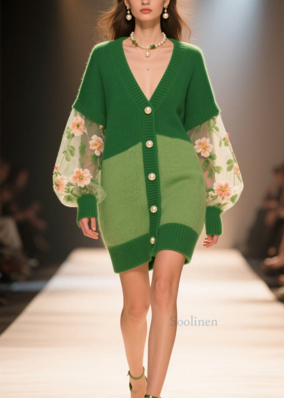Italian Green V Neck Tulle Floral Patchwork Knit Cardigans Fall