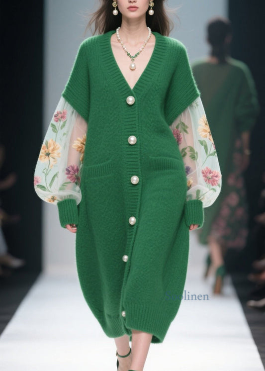 Italian Green V Neck Tulle Patchwork Knit Loose Coat Fall