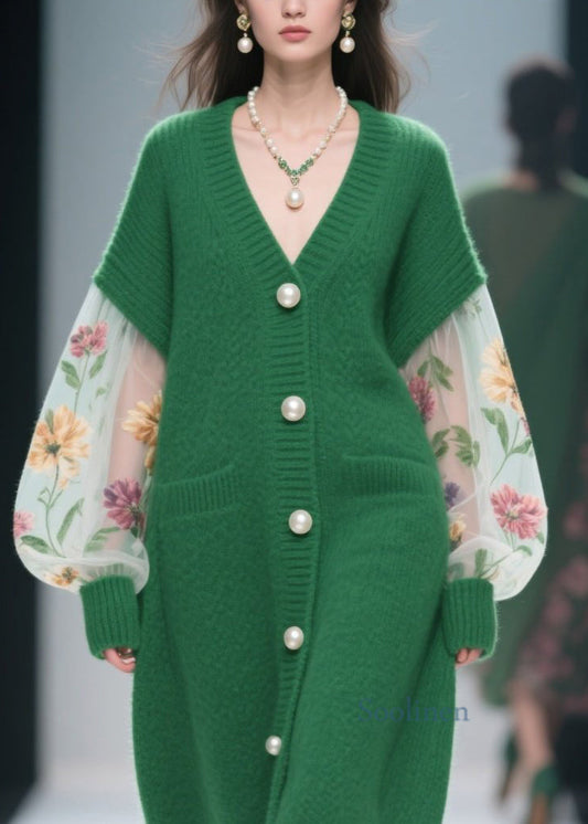 Italian Green V Neck Tulle Patchwork Knit Loose Coat Fall