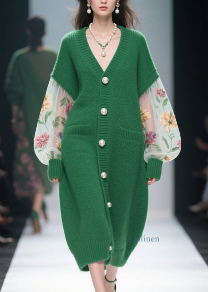 Italian Green V Neck Tulle Patchwork Knit Loose Coat Fall