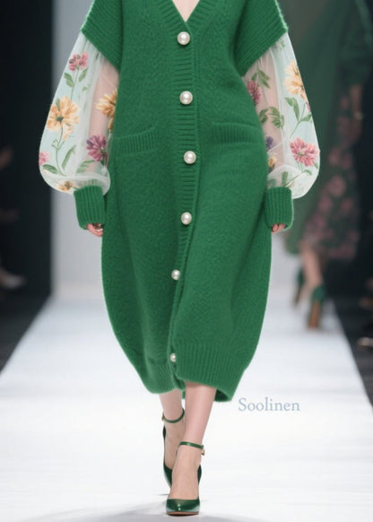 Italian Green V Neck Tulle Patchwork Knit Loose Coat Fall