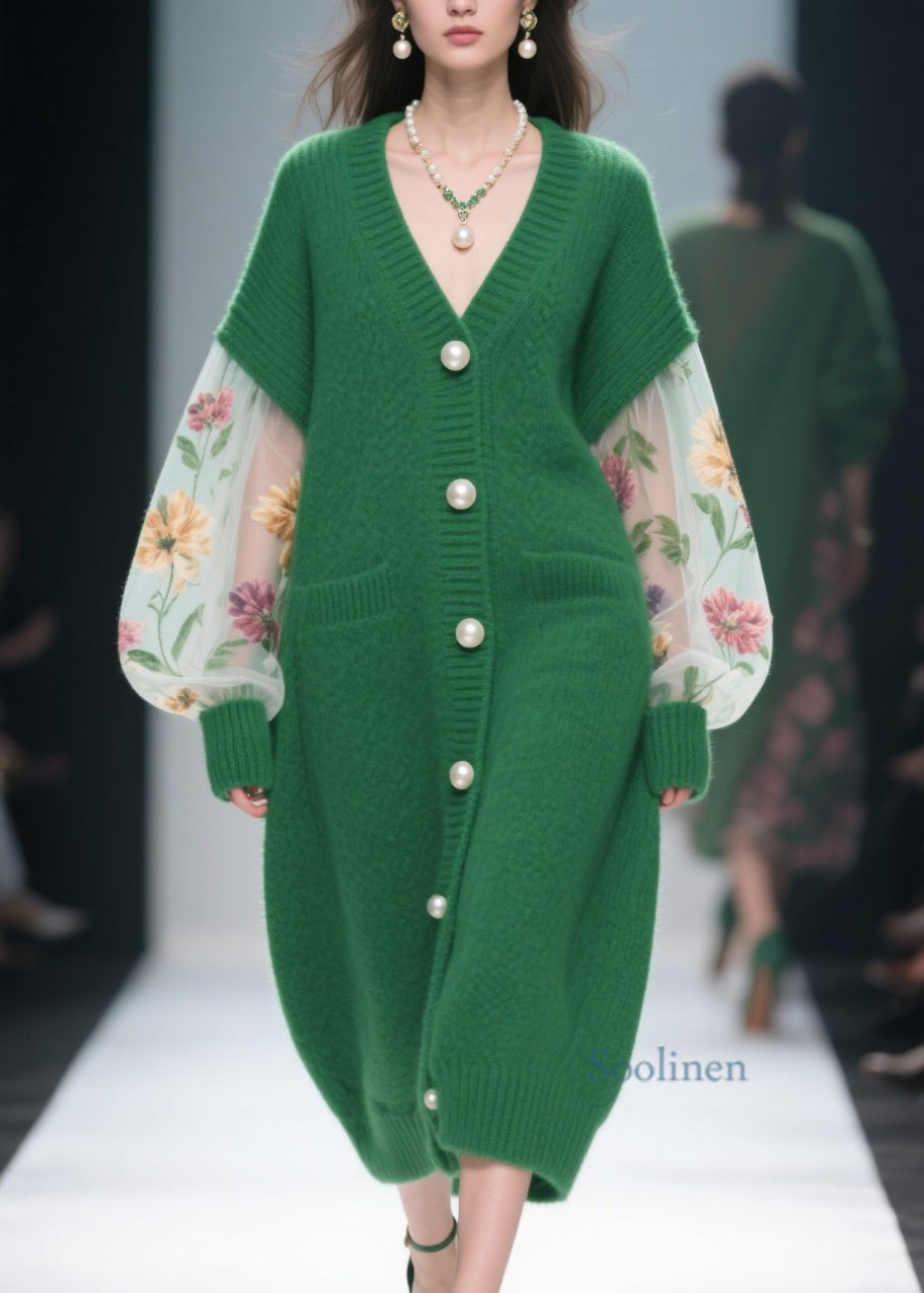 Italian Green V Neck Tulle Patchwork Knit Loose Coat Fall