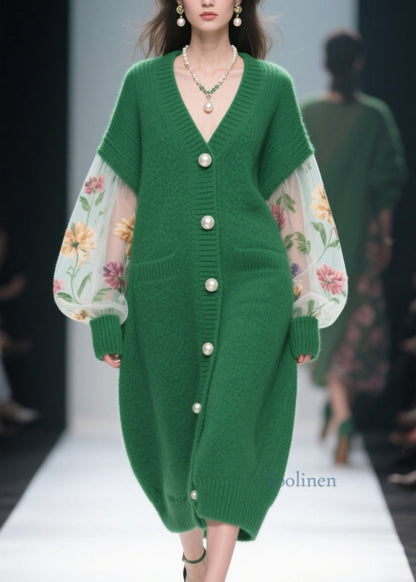 Italian Green V Neck Tulle Patchwork Knit Loose Coat Fall