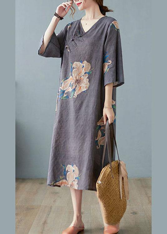 Italian Grey Asymmetrical Design Button Summer A Line Half Sleeve Vacation Dresses - SooLinen