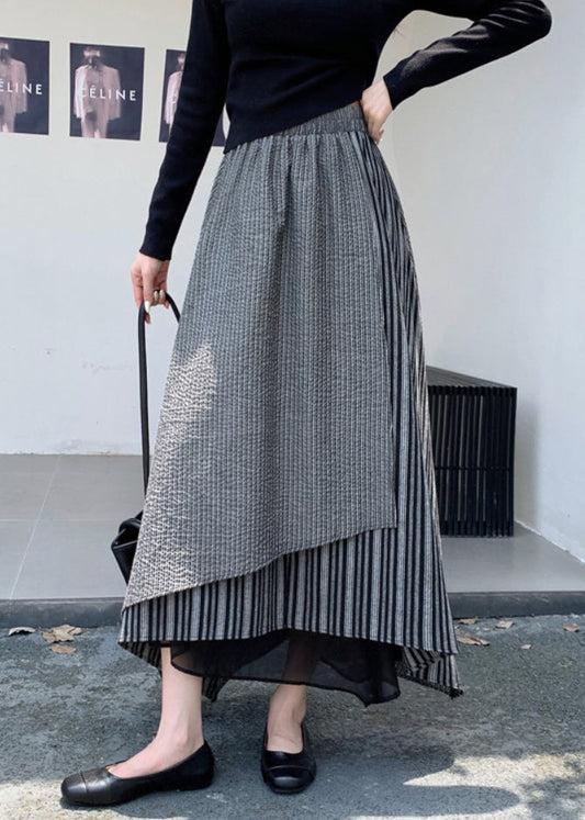 Italian Grey Asymmetrical Striped Elastic Waist Cotton Skirts Fall