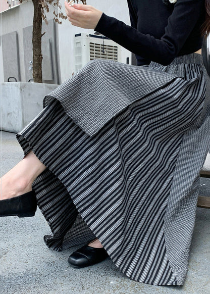 Italian Grey Asymmetrical Striped Elastic Waist Cotton Skirts Fall