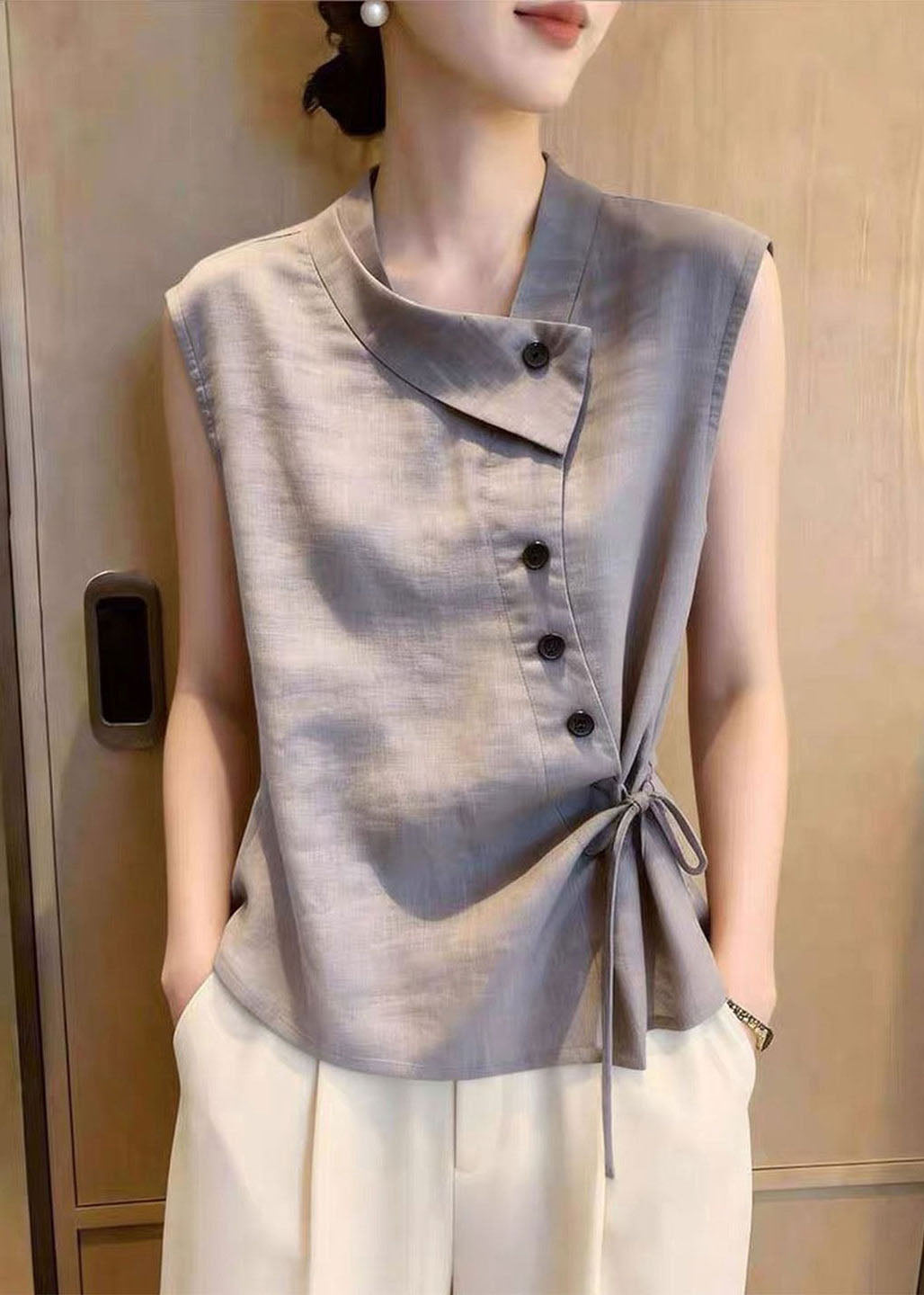 Italian Grey Asymmetrical Tie Waist Cotton Shirt Top Sleeveless