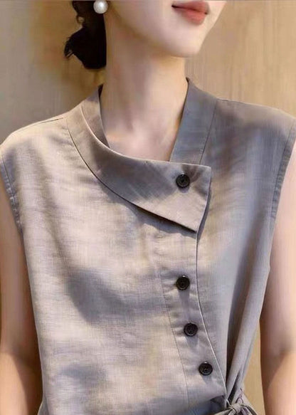 Italian Grey Asymmetrical Tie Waist Cotton Shirt Top Sleeveless