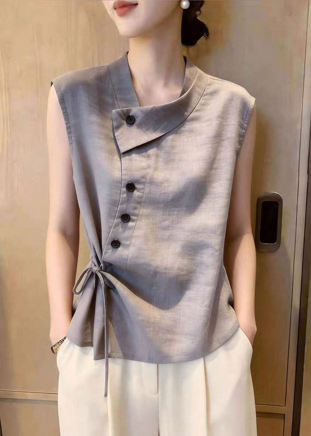 Italian Grey Asymmetrical Tie Waist Cotton Shirt Top Sleeveless