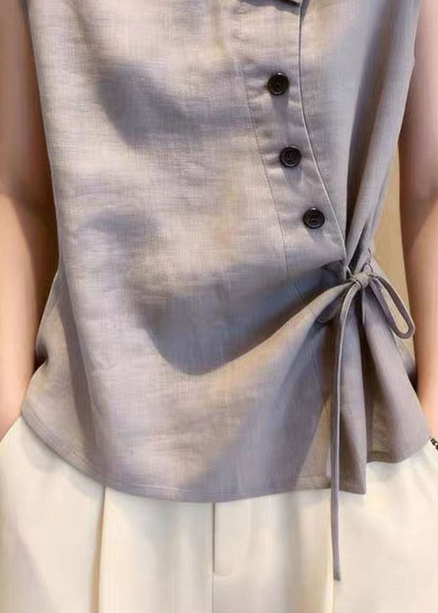 Italian Grey Asymmetrical Tie Waist Cotton Shirt Top Sleeveless