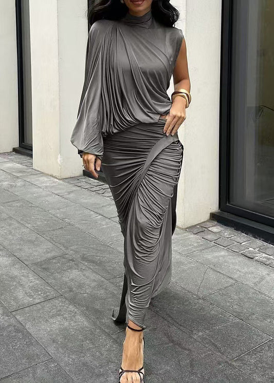 Italian Grey Asymmetrical Wrinkled Tops And Skirts Two Pieces Set Spring