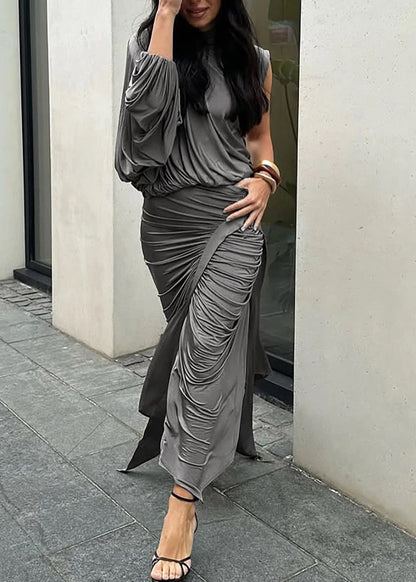 Italian Grey Asymmetrical Wrinkled Tops And Skirts Two Pieces Set Spring