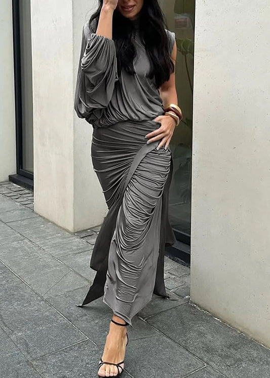 Italian Grey Asymmetrical Wrinkled Tops And Skirts Two Pieces Set Spring