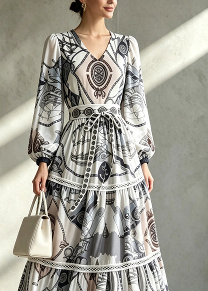 Italian Grey Blue V Neck Print Exra Large Hem Ankle Dress Long Sleeve