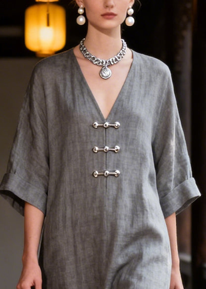 Italian Grey Chinese Button Side Open Cotton Maxi Dresses Summer
