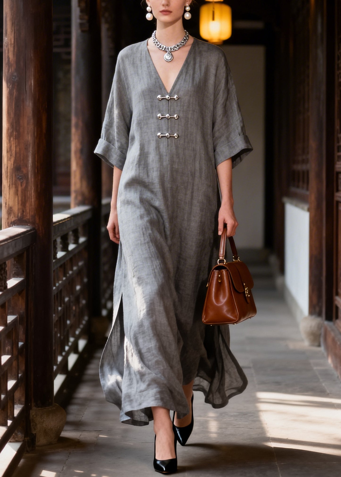 Italian Grey Chinese Button Side Open Cotton Maxi Dresses Summer