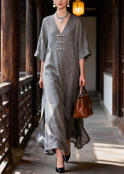Italian Grey Chinese Button Side Open Cotton Maxi Dresses Summer