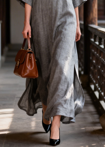 Italian Grey Chinese Button Side Open Cotton Maxi Dresses Summer