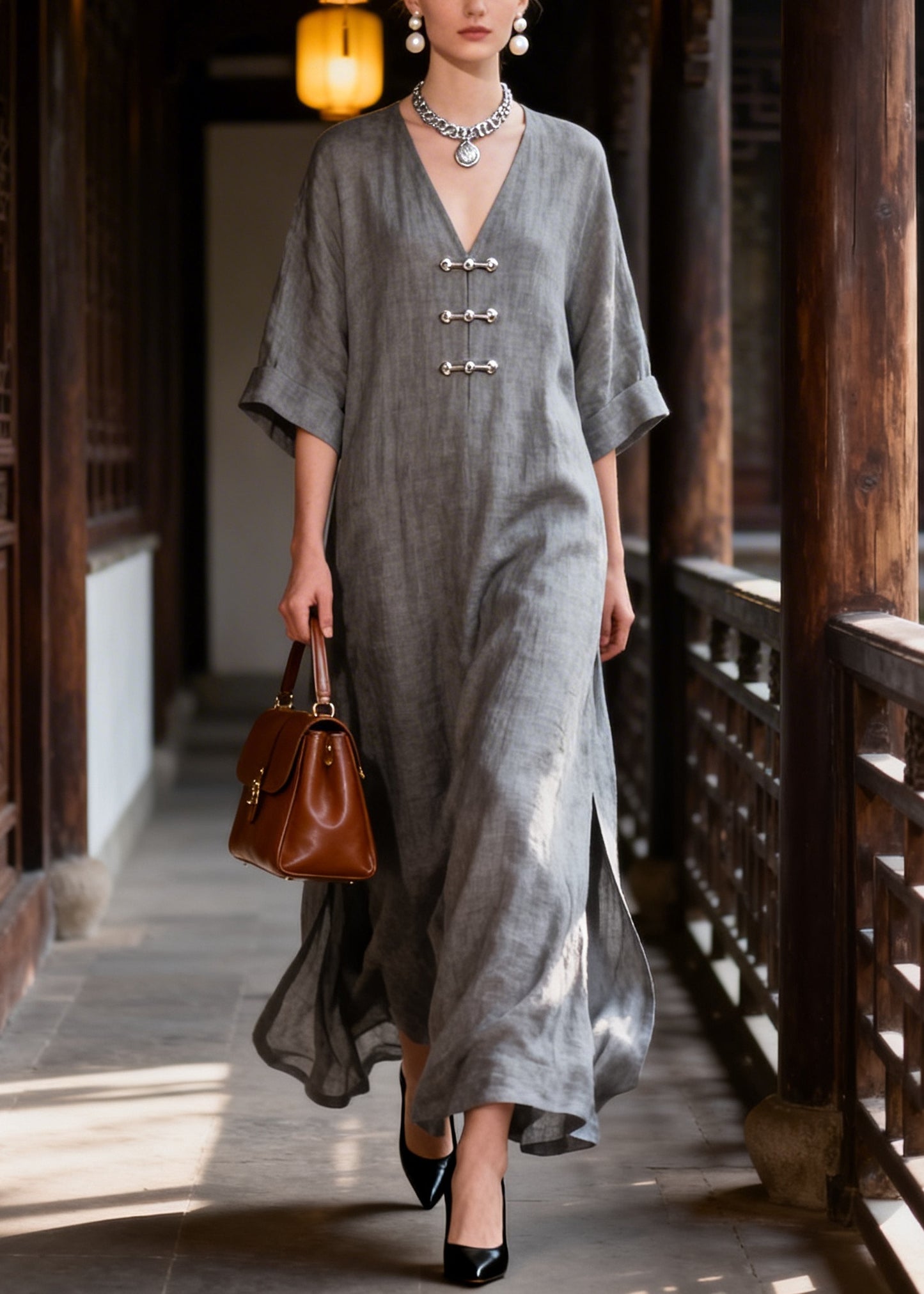 Italian Grey Chinese Button Side Open Cotton Maxi Dresses Summer