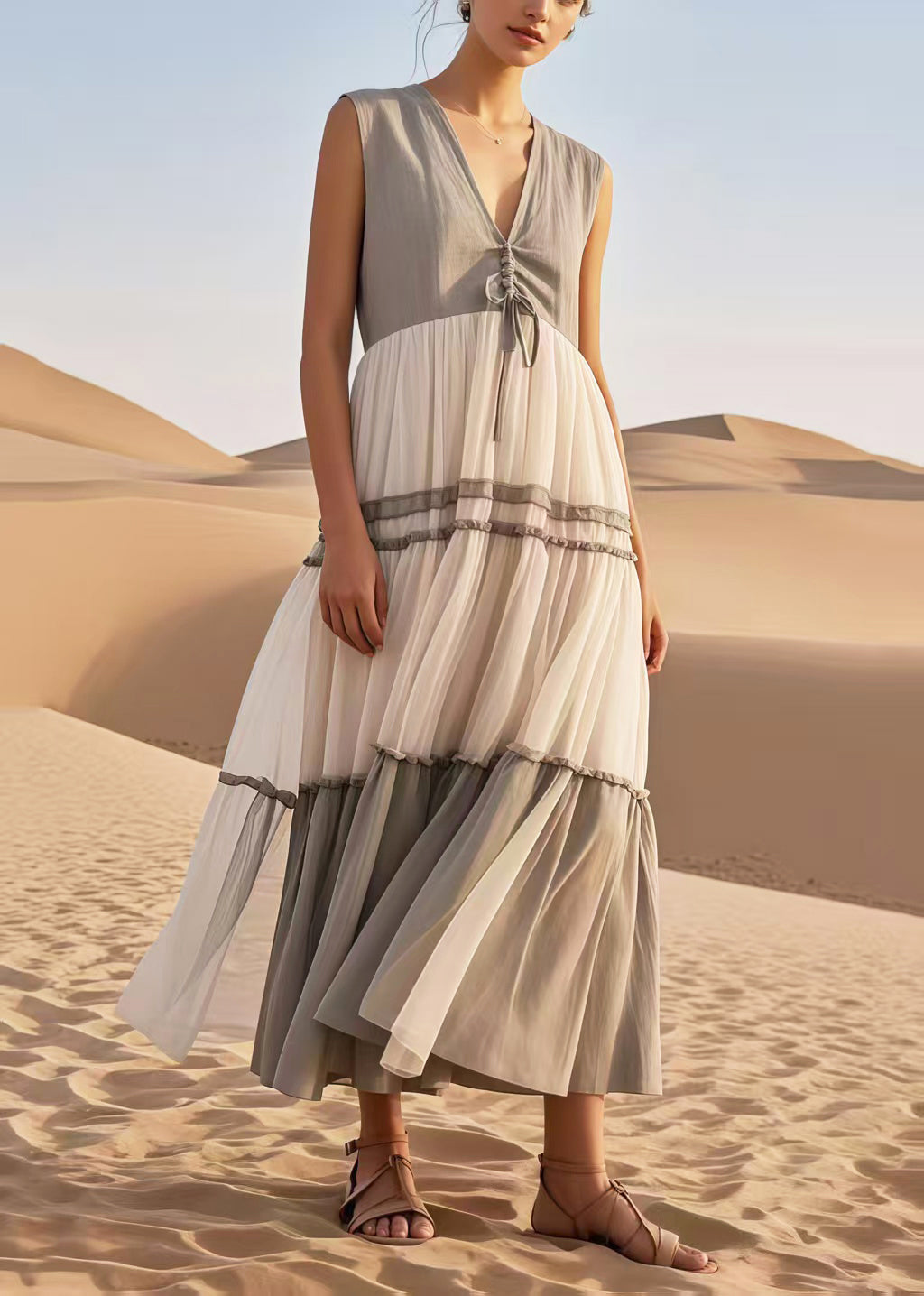 Italian Grey Cinched Patchwork Tulle Long Dress Sleeveless