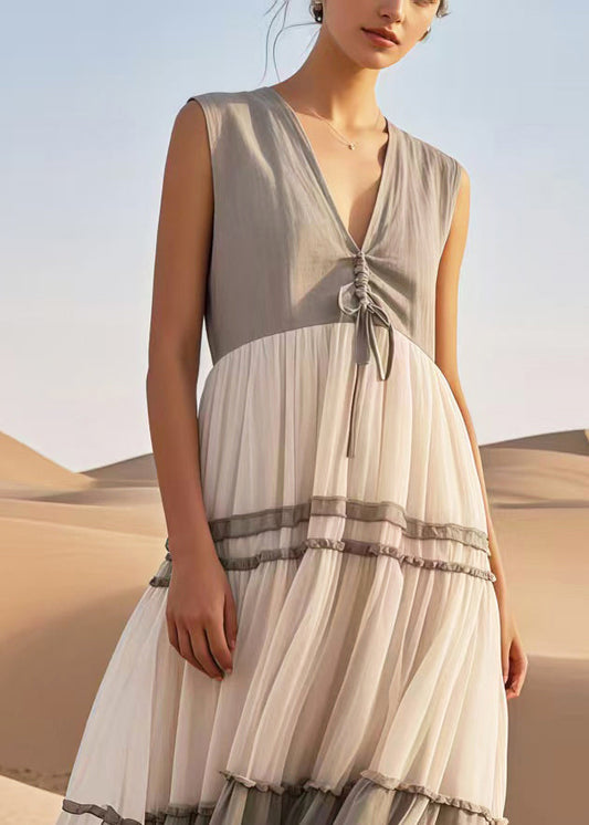 Italian Grey Cinched Patchwork Tulle Long Dress Sleeveless