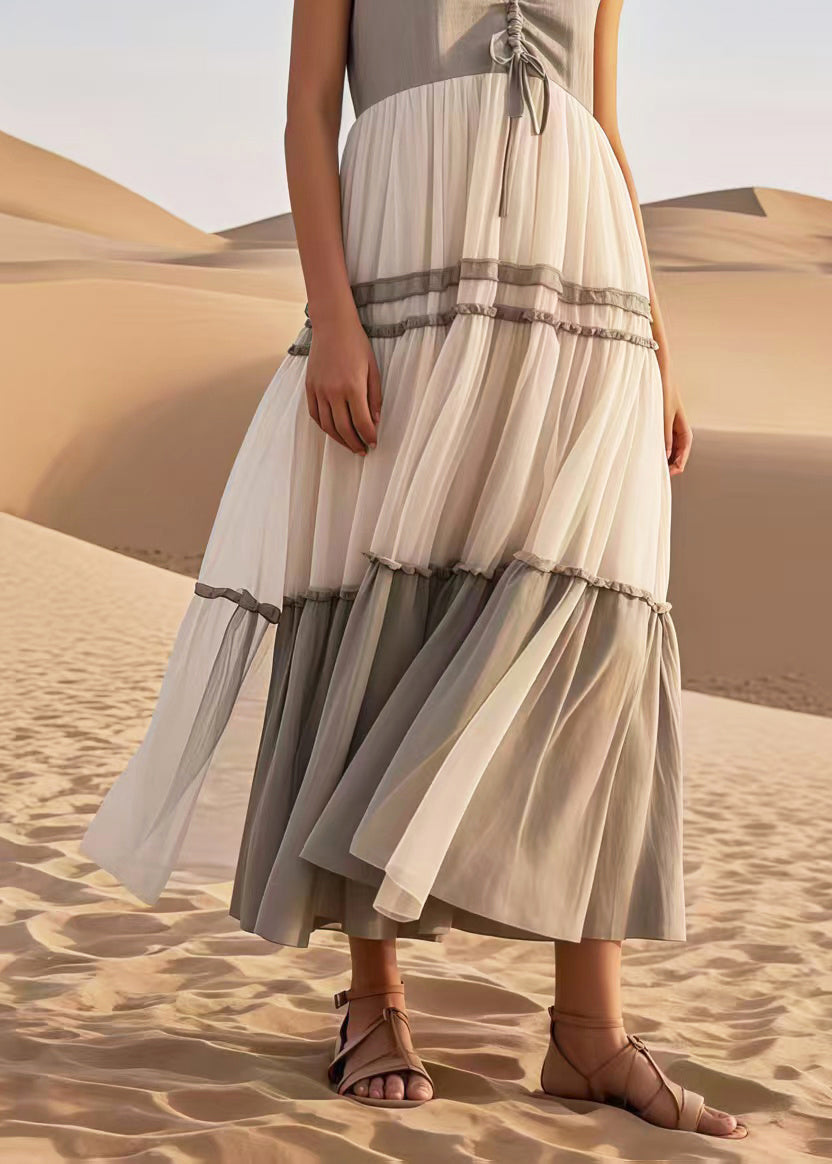 Italian Grey Cinched Patchwork Tulle Long Dress Sleeveless