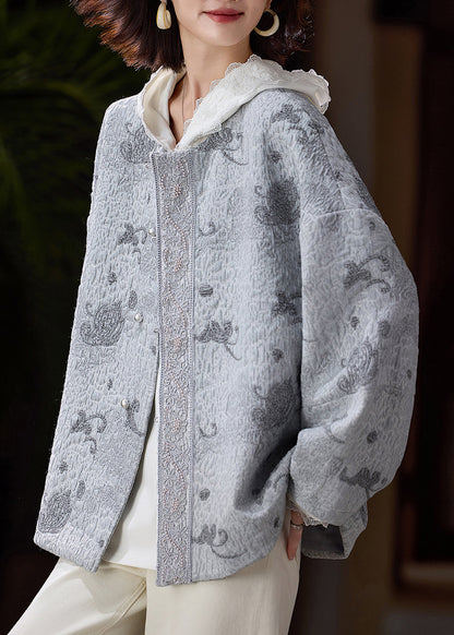 Italian Grey Embroidered Nail Bead Cotton Jackets Spring