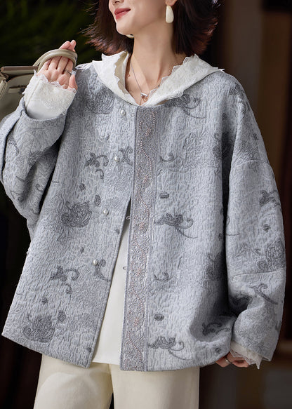 Italian Grey Embroidered Nail Bead Cotton Jackets Spring