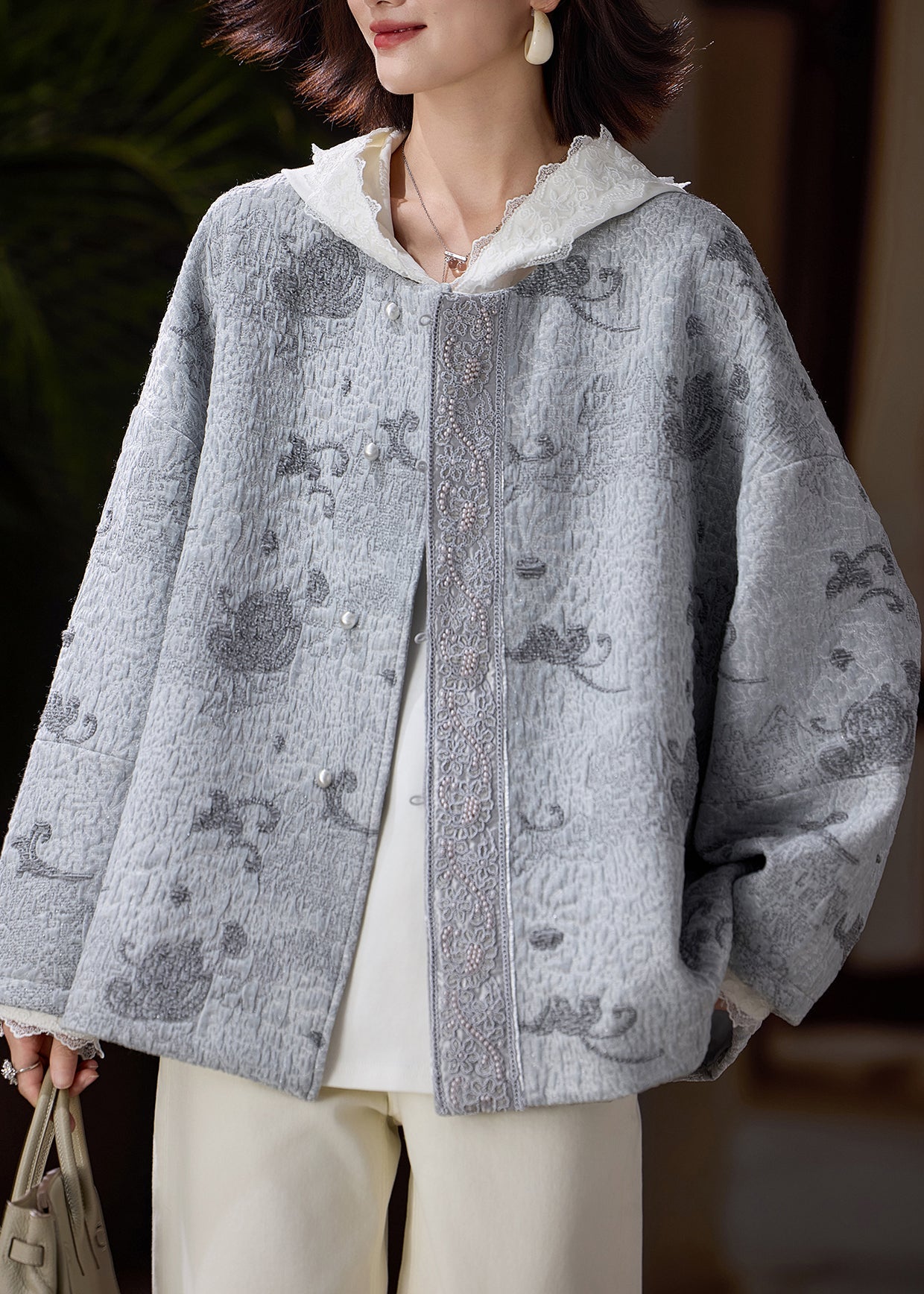 Italian Grey Embroidered Nail Bead Cotton Jackets Spring