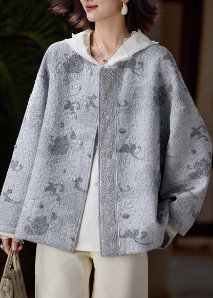 Italian Grey Embroidered Nail Bead Cotton Jackets Spring