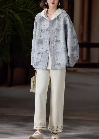 Italian Grey Embroidered Nail Bead Cotton Jackets Spring