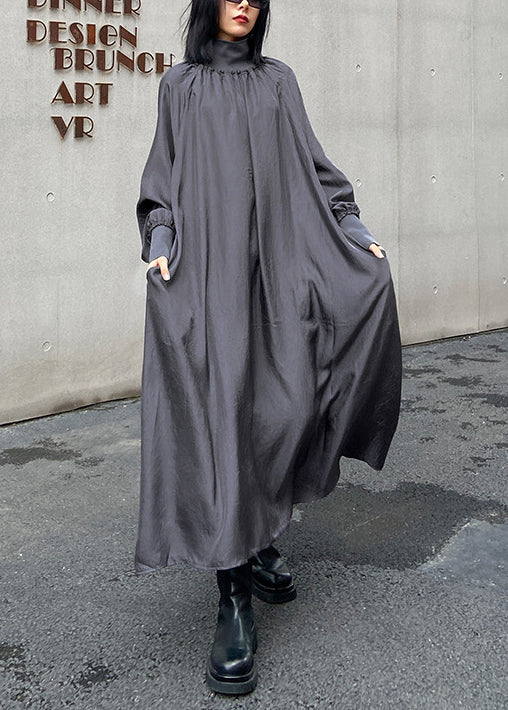 Italian Grey Hign Neck Patchwork Cotton Maxi Dresses Long Sleeve