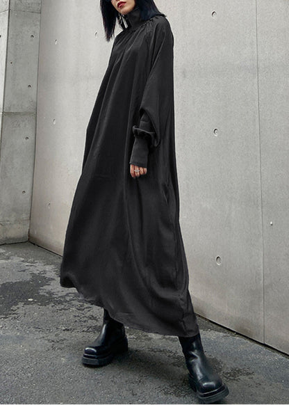 Italian Grey Hign Neck Patchwork Cotton Maxi Dresses Long Sleeve