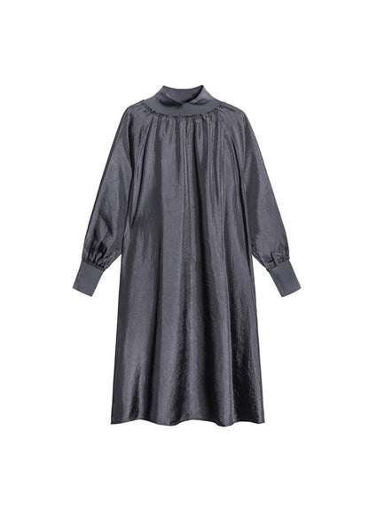 Italian Grey Hign Neck Patchwork Cotton Maxi Dresses Long Sleeve