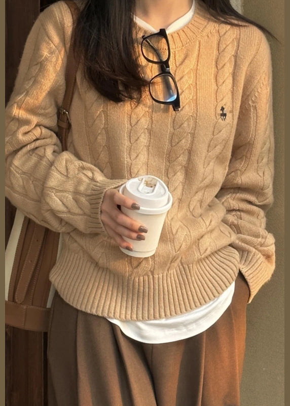 Italian Grey O Neck Cozy Warm Cable Knit Sweater Spring