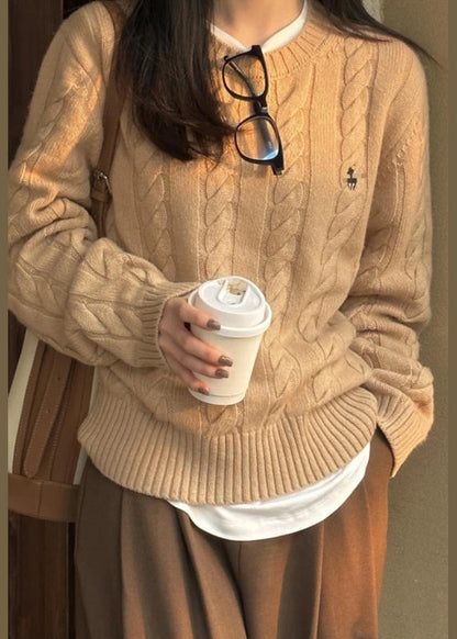 Italian Grey O Neck Cozy Warm Cable Knit Sweater Spring