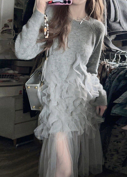 Italian Grey O Neck Tulle Patchwork Knit Long Sweater Spring