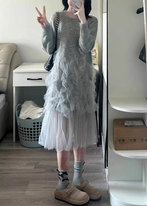 Italian Grey O Neck Tulle Patchwork Knit Long Sweater Spring