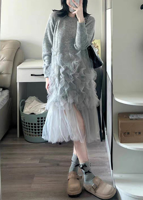 Italian Grey O Neck Tulle Patchwork Knit Long Sweater Spring