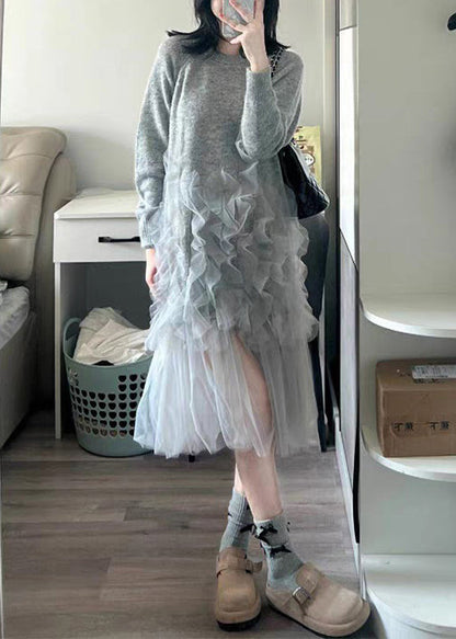 Italian Grey O Neck Tulle Patchwork Knit Long Sweater Spring