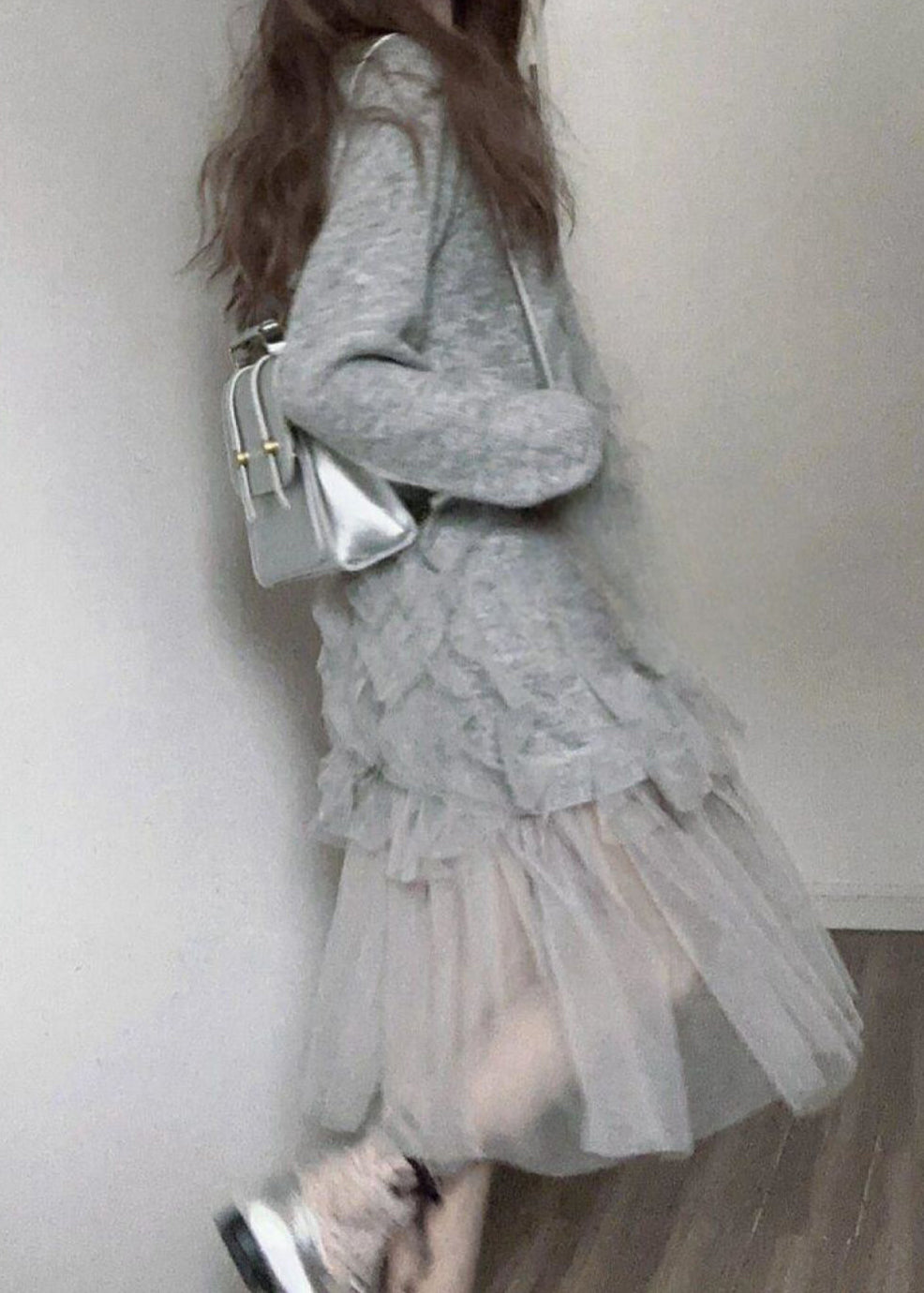 Italian Grey O Neck Tulle Patchwork Knit Long Sweater Spring