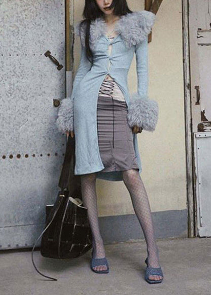 Italian Grey Patchwork Faux Fur Knit Cardigan Spring