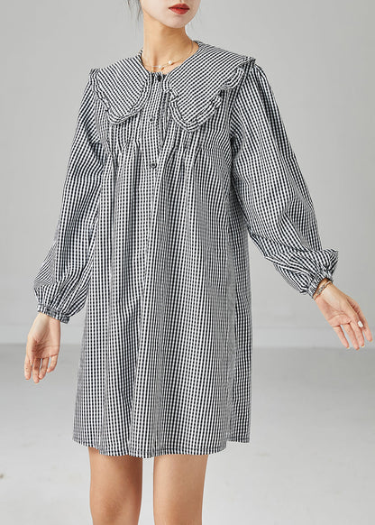 Italian Grey Peter Pan Collar Plaid Cotton Shirt Dress Fall