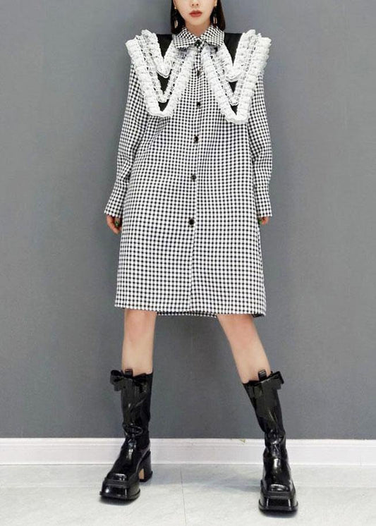 Italian Grey Plaid PeterPan Collar Button Dresses Fall Long Sleeve - SooLinen