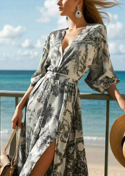 Italian Grey Print Side Open Chiffon Long Dresses Summer