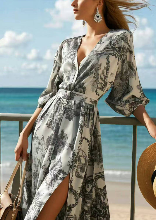 Italian Grey Print Side Open Chiffon Long Dresses Summer