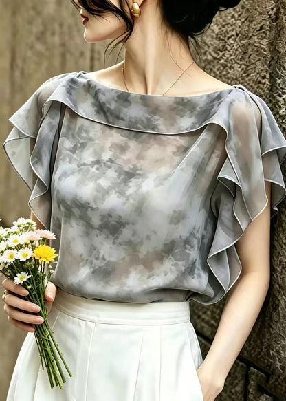 Italian Grey Ruffled Tie Dye Chiffon Top Summer