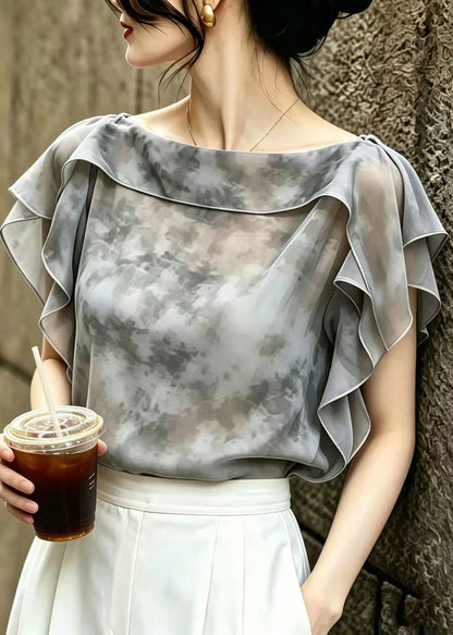 Italian Grey Ruffled Tie Dye Chiffon Top Summer