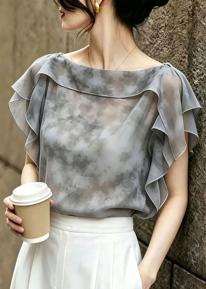 Italian Grey Ruffled Tie Dye Chiffon Top Summer
